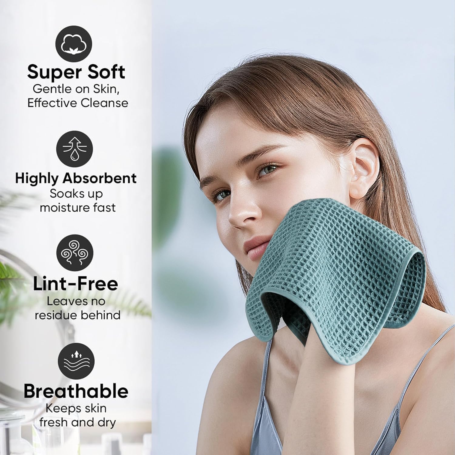Microfiber Waffle Face Towels, 2 Pieces, Soft, Absorbent, Fast Drying, Lint Free (Green)