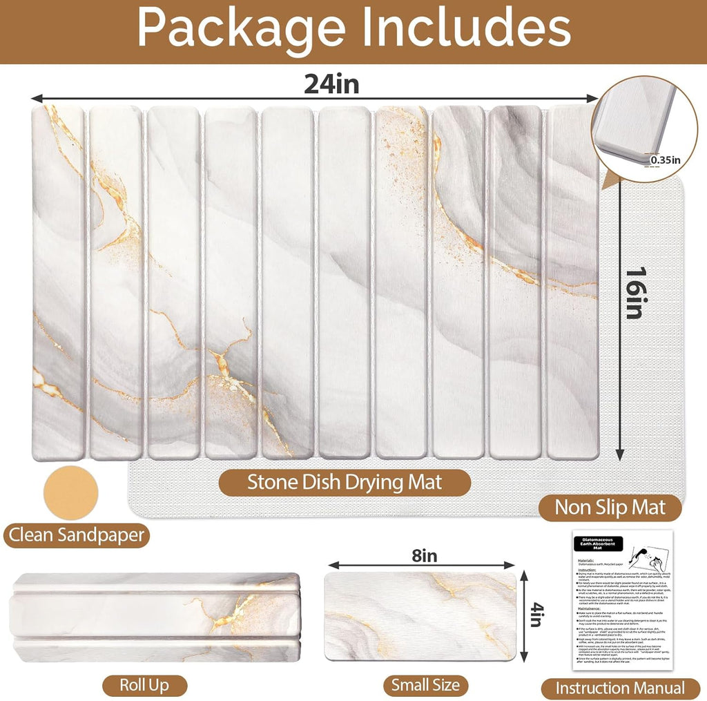 2 PCS Large Stone Dish Drying Mat for Kitchen Counter,Quick Dry Stone Dishes Mats,Marbled Water Absorbing Diatomaceous Earth Drying Pad for Countertop Bottles Utensils Cups(Gold White 24"x16"&8"x4")