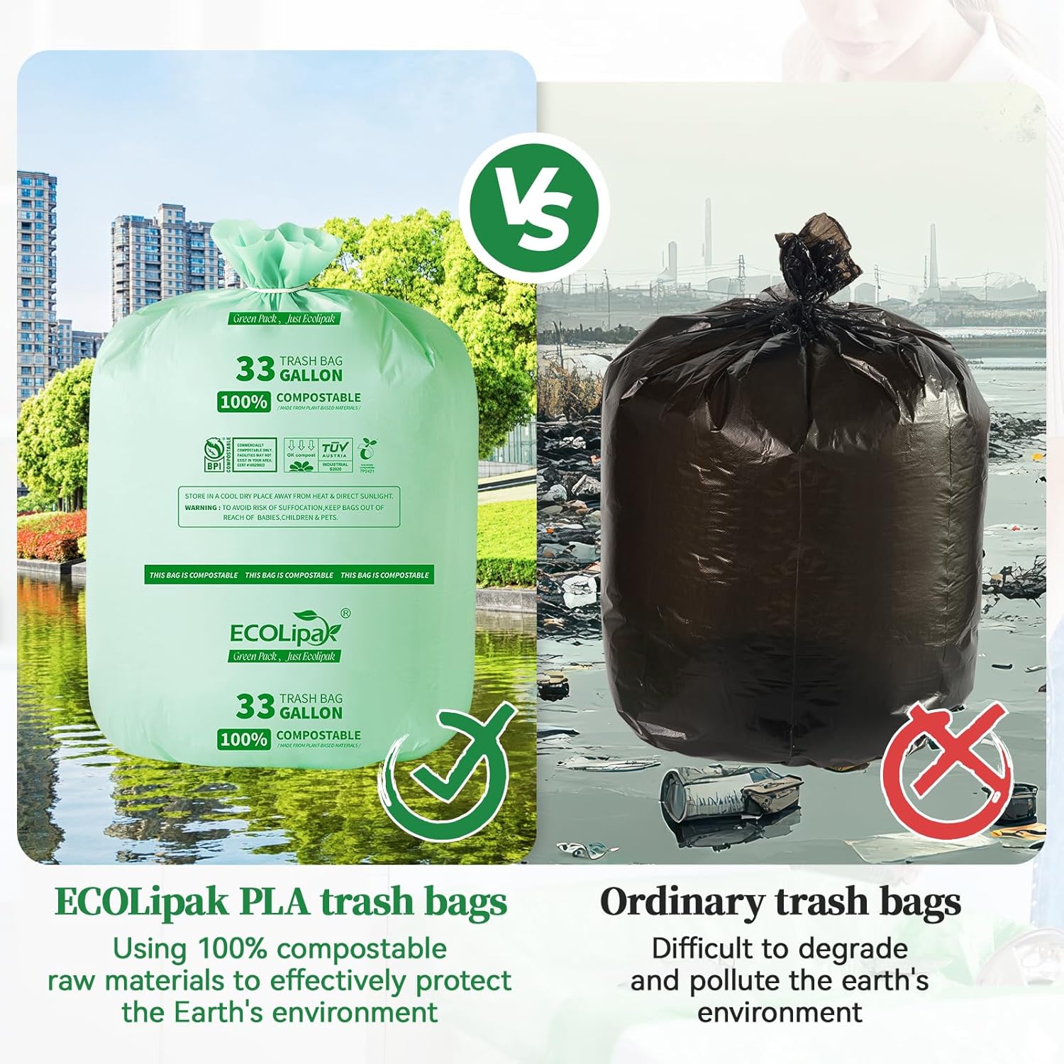 ECOLipak 33 Gallon Compostable Trash Garbage Bags, 50 Count (2 Rolls) Biodegradable Heavy Duty Large Outdoor Trash Bags for Lawn/Yard, US BPI ASTM D6400 and OK Compost Home Certified