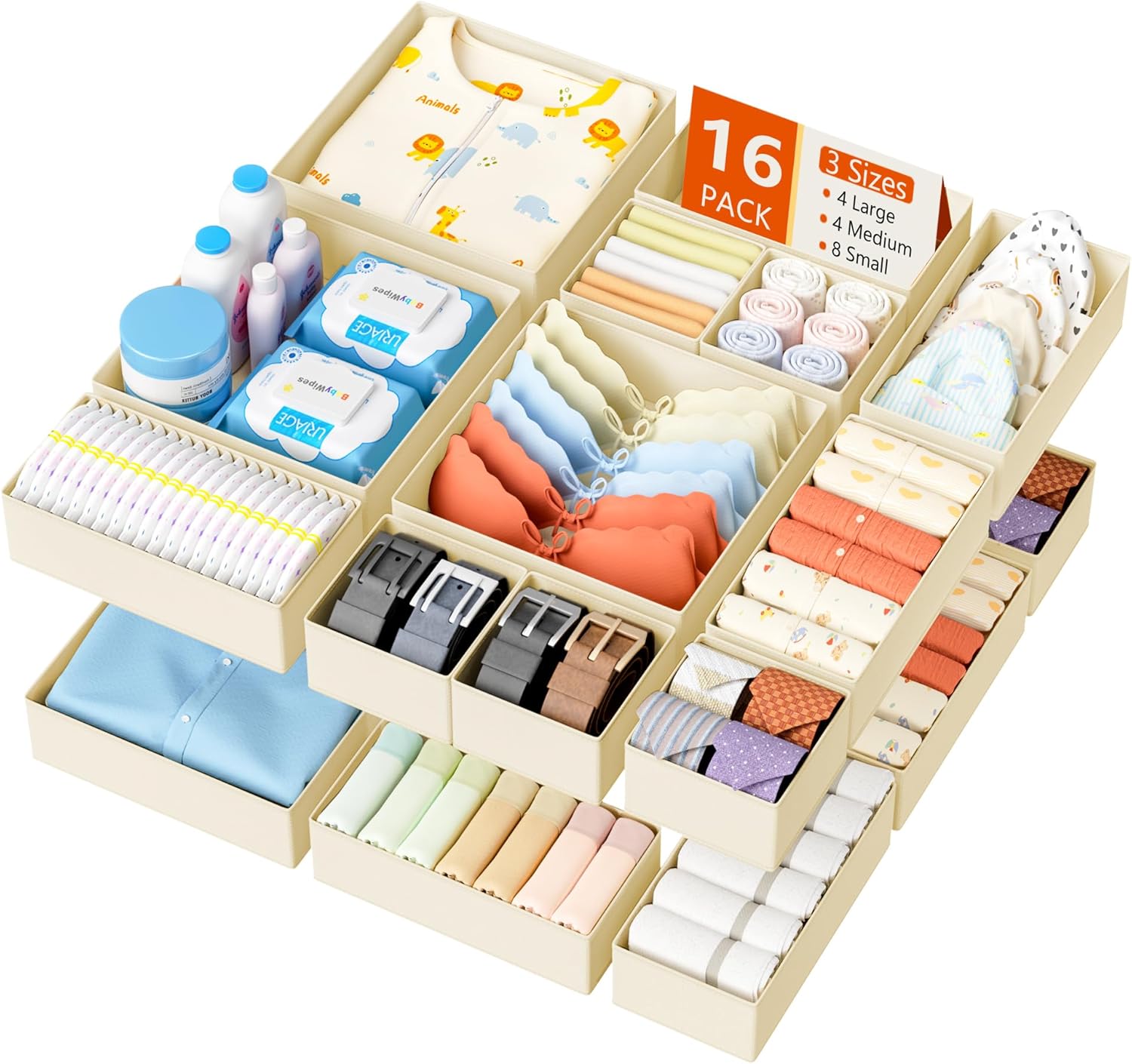 DIMJ Drawer Organizer Clothes - 16 Pack Baby Dresser Organizer for Nursery, Foldable Drawer Organizer Bins for Closet Bedroom Organization, Fabric Clothes Storage Dividers for Underwears, Socks, Bras