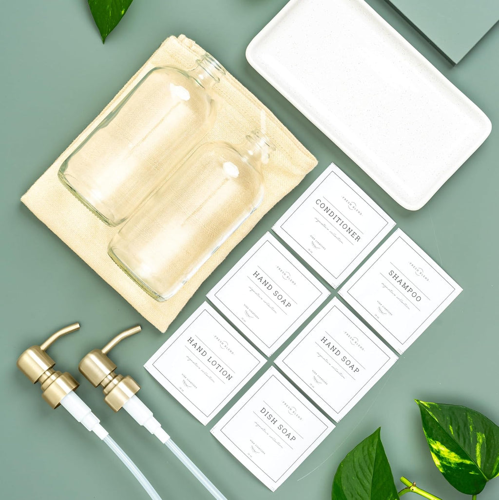 Vine Creations Glass Soap Dispenser, 2 Pack Kitchen Soap Dispenser Set with Ceramic Tray, Stainless Steel Pump, Dish Soap and Hand Soap Dispensers for Bathroom or Kitchen Decor with Waterproof Labels