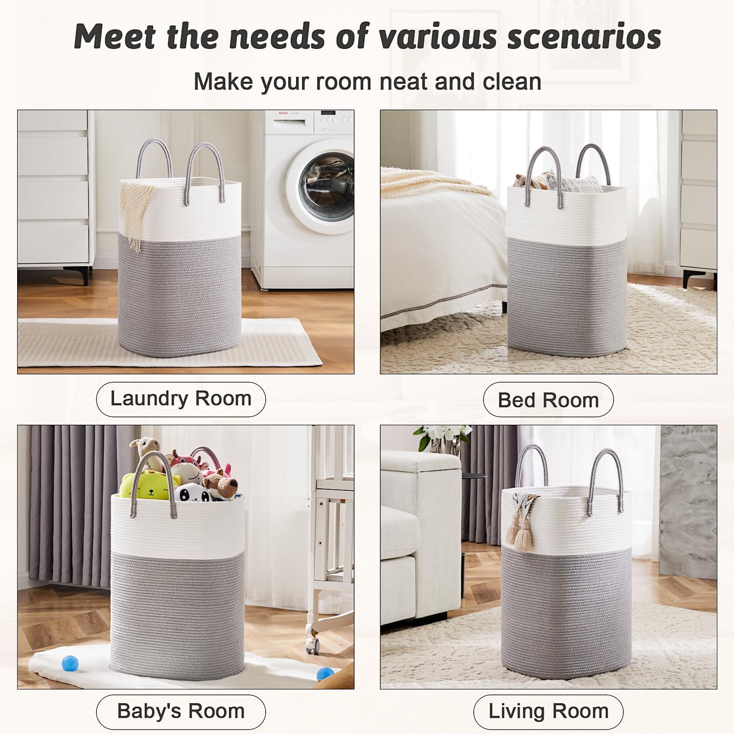 Laundry Basket,Woven Cotton Rope Laundry Hamper,Versatile Storage for Dirty Clothes,Baby Toys,and Blankets in Bathroom, Nursery,and Living Room (Grey, 40L)