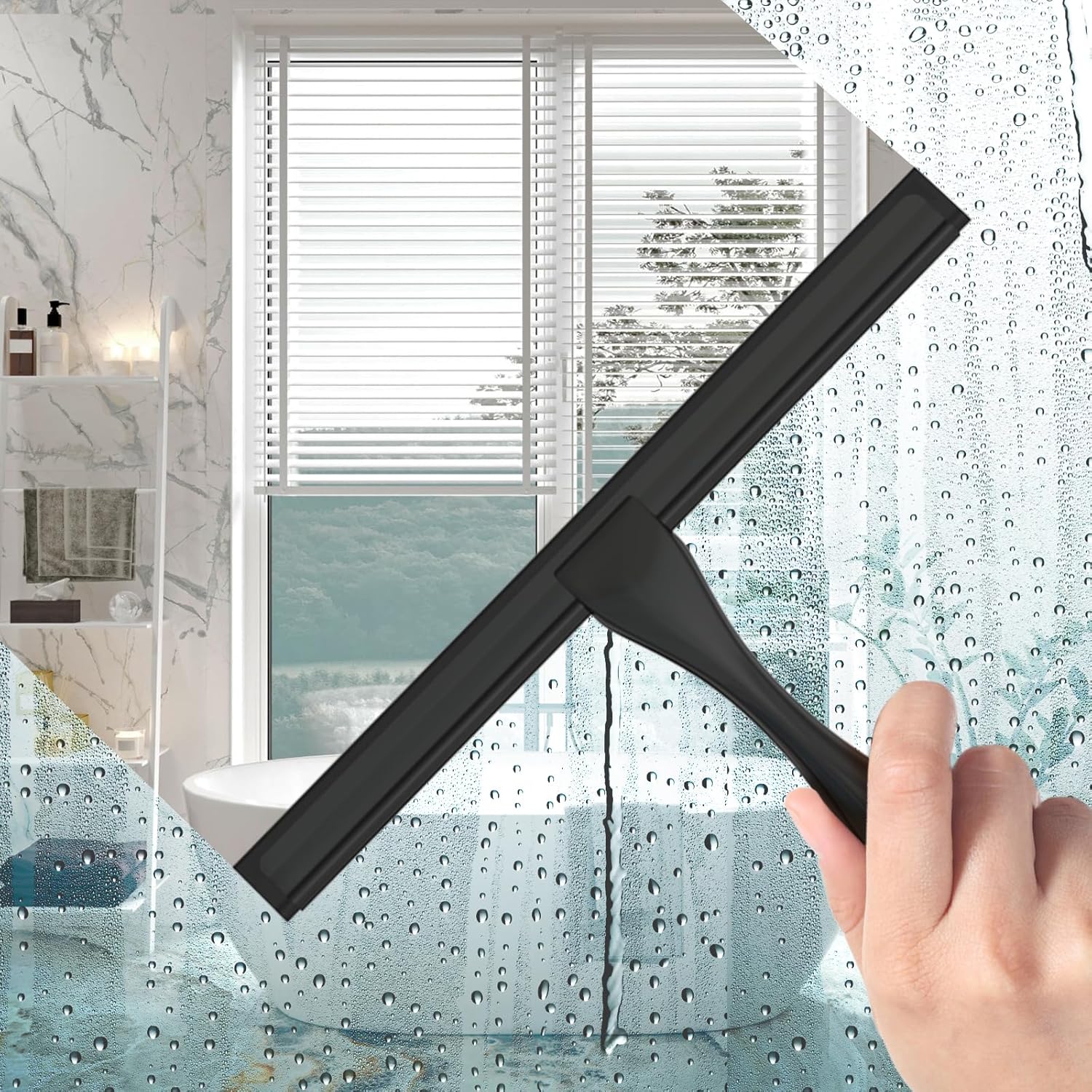 All-Purpose Stainless Steel Shower Squeegee for Glass Doors with Adhesive Hooks, Squeegee for Shower Glass, Bathroom Household Cleaner Tool for Window Mirror Tile Wall Car, 10 Inch Black