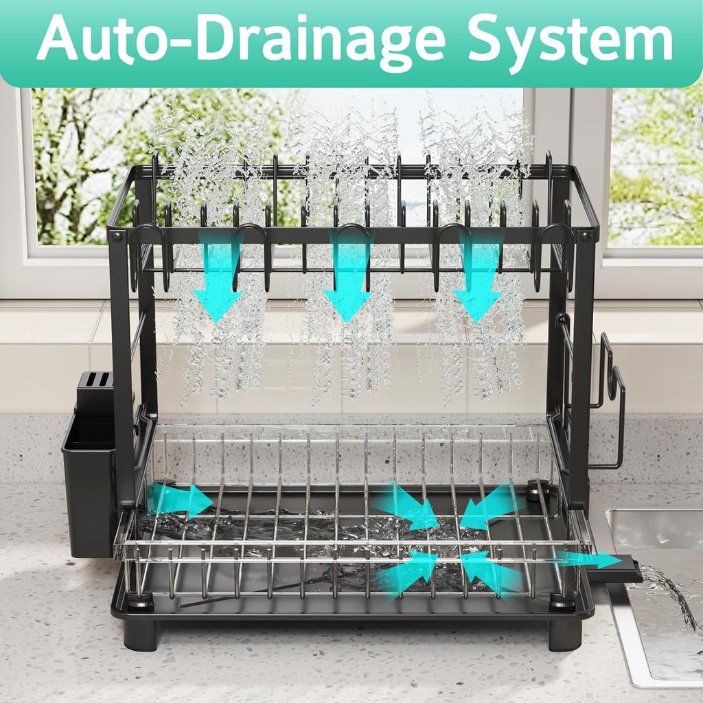 Dish Drying Rack, 2 Tier Space-Saving Dish Rack, Multifunctional Dish Drainer for Kitchen Counter with Drainboard/Utensil/Cup Holder Rustproof Carbon Steel, Black