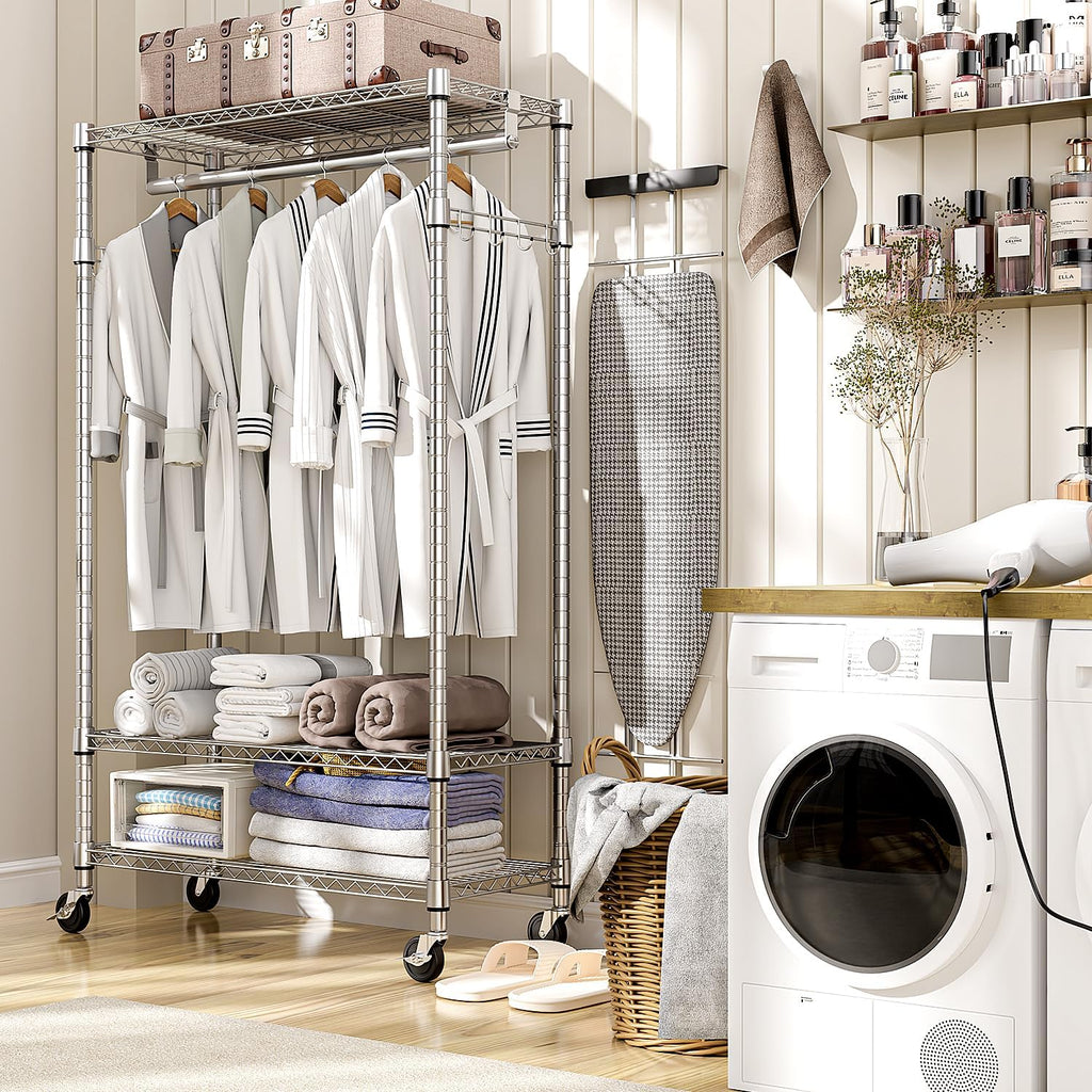 Heavy Duty Rolling Garment Rack 3 Tiers Adjustable Wire Shelving Clothes Rack with Rods and Side Hooks,Storage Closet Clothing Rack with Wheels Chrome 15.7" D x 29.5" W x 74.5" H