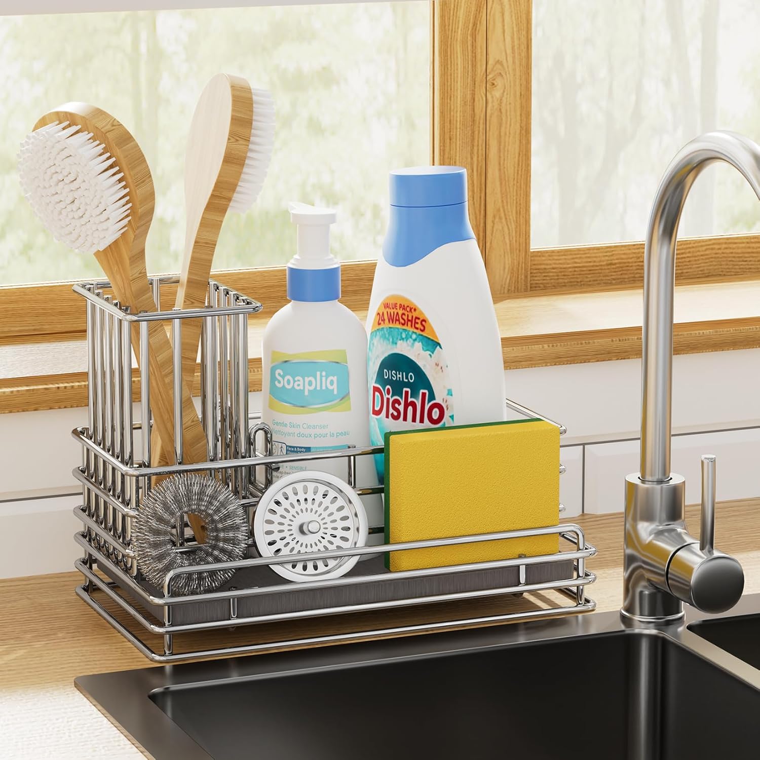 Yofidra Kitchen Sink Caddy with Instant Drying Stone, Metal Stainless Steel Dish Sponge Holder Basket for Sponges, Scrubbers, Soap, 9.5" X 5.5" X 5.7" Sink Box Organizer