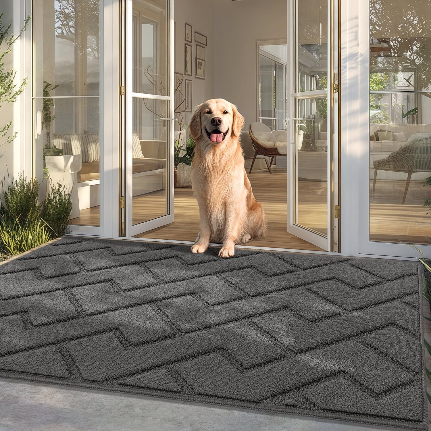 hicorfe Front Door Mat Outside Entrance,36"x59" Absorbent Muddy Dirt Resist Welcome Door Mats Outdoor Indoor,Stain and Fade Resistant,Non Slip Backing Entry Mat Doormat for Entryway(Grey)