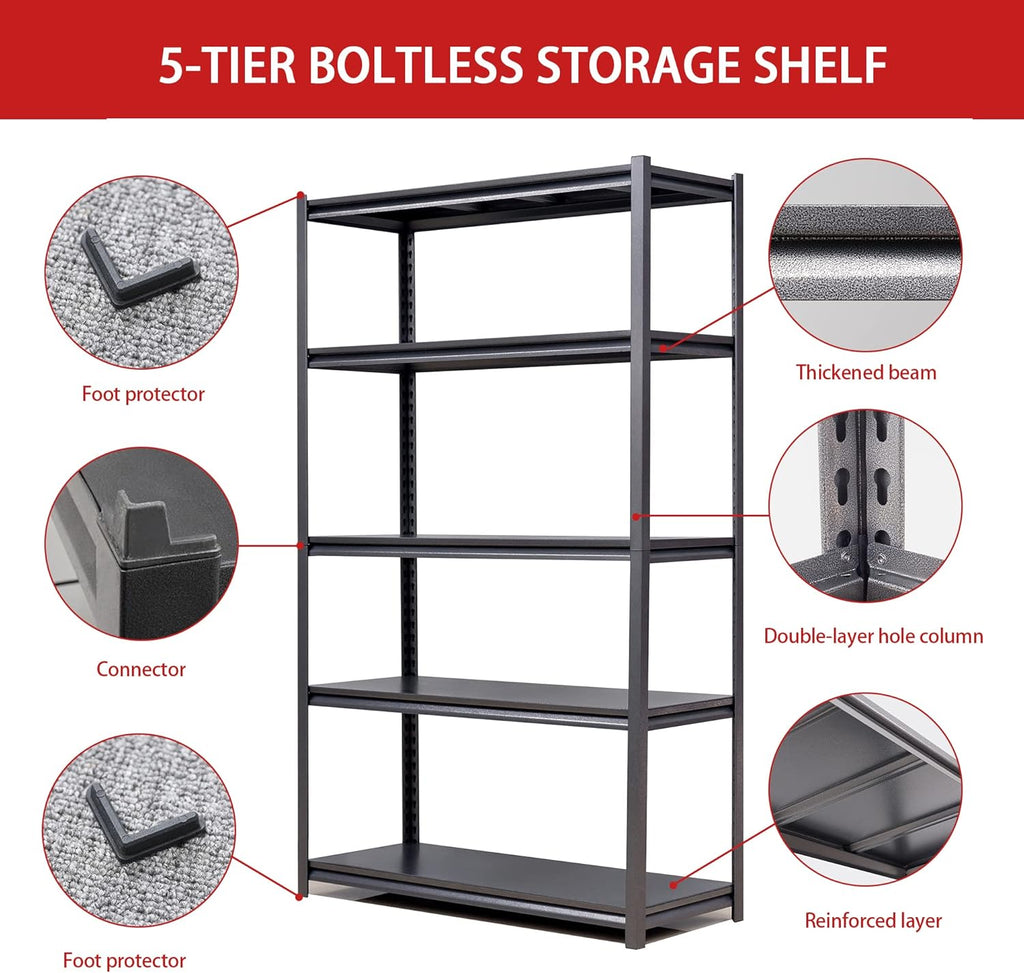 72" H Garage Shelving, Metal Storage Shelves, Adjustable 5 Tier Storage Rack, Heavy Duty Shelving, Industrial Utility Shelf for Garage, Warehouse, Bedroom, Kitchen, 24" D×48" W×72" H, Black