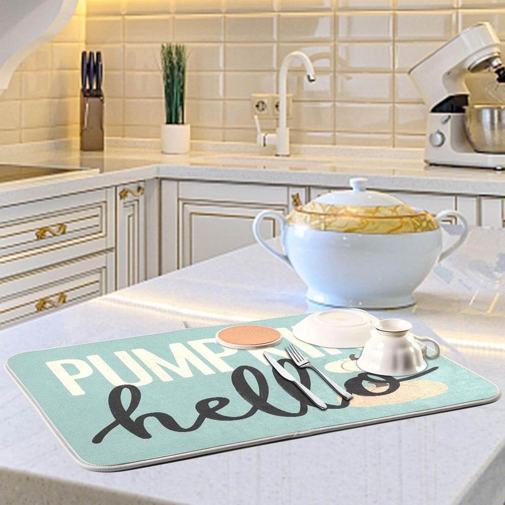 Hello Pumpkin Turquoise Fall Dish Drying Mat for Kitchen Countertop 16x18 Aqua Teal Autumn Small Drying Mat Reusable Quick Dry Dish Sink Mats Easy Clean Decorative Essentials