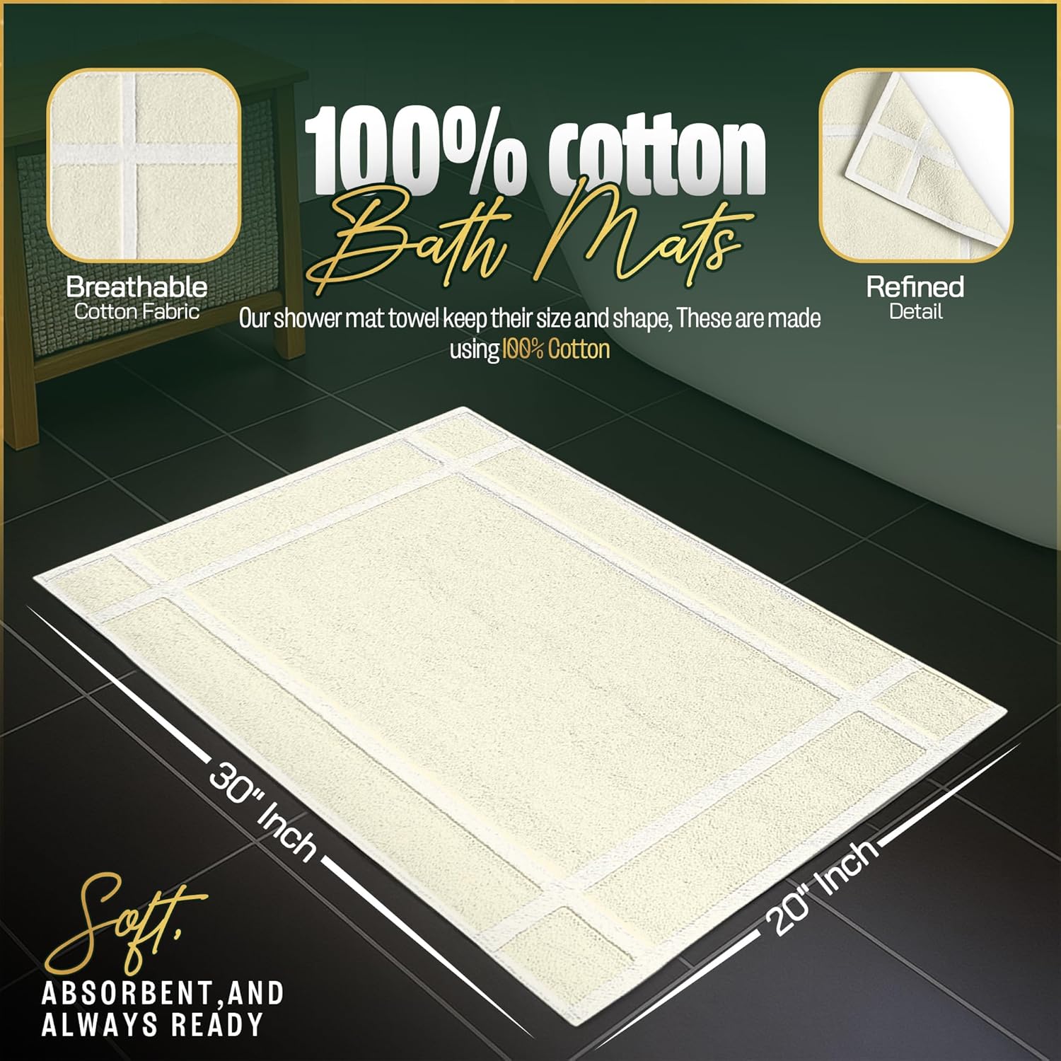 Pearl Linens Pack of 2 100% Cotton Bathmat 20x30 inches, Soft & Absorbent Quick Dry Bathroom Mat Set, Not Bathroom Rugs, After Shower Mat, Bath Tubmat, 687 GSM, Machine Washable, Ivory