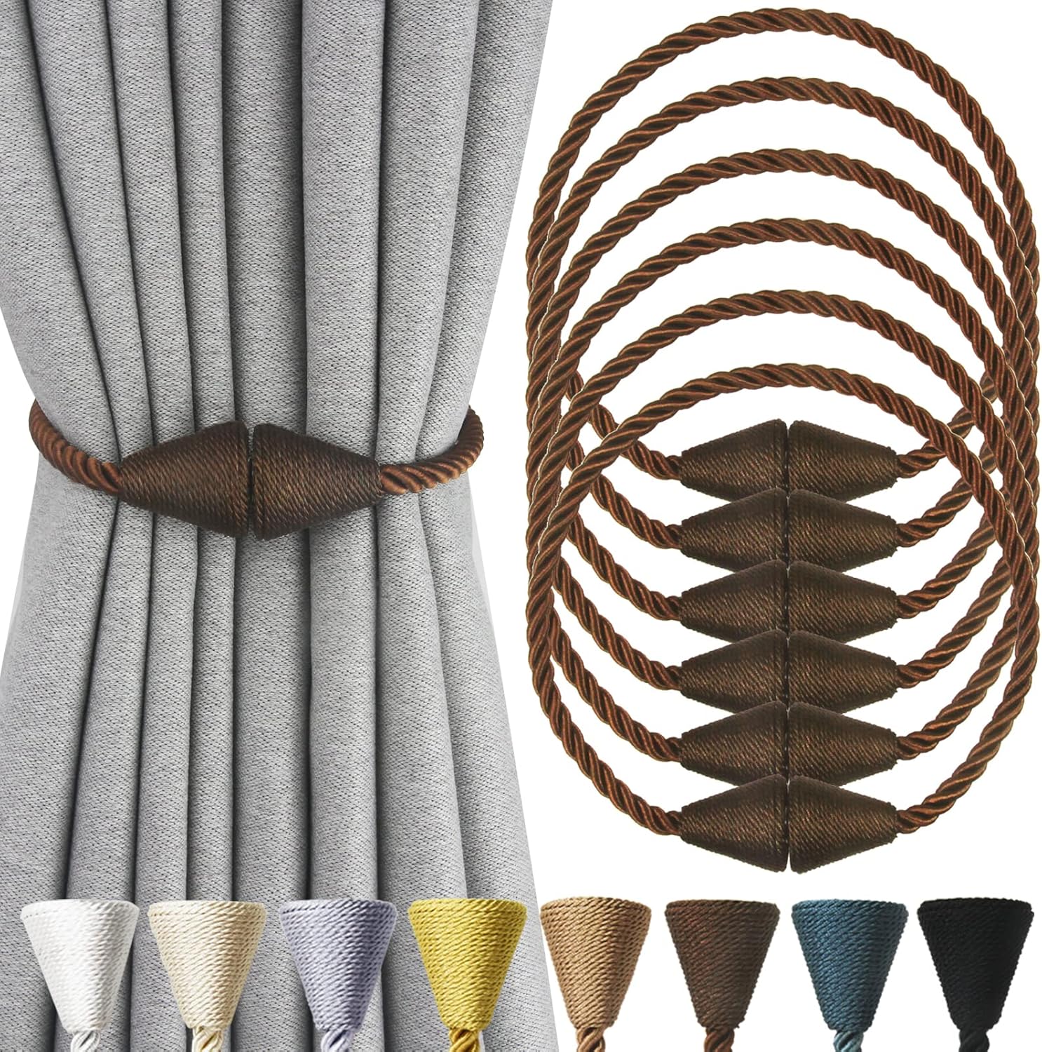 6 Pack Magnetic Curtain Tiebacks Rope Modern Handmade Curtain Tie Backs Decorative Drapes Weave Holdbacks for Window Décor, Coffee