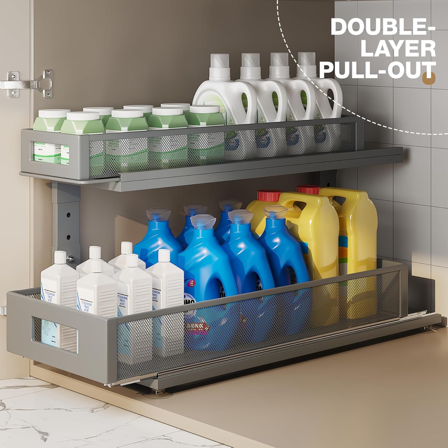 2 Pack 21.3IN-Depth Under Sink Organizer with Next-Gen Ball-Bearing Slides,2-Tier Pull Out Cabinet Storage,Height Adjustable Drawer Shelf for Bathroom,Kitchen,Laundry,Cabinet,Pantry-Gun Gray