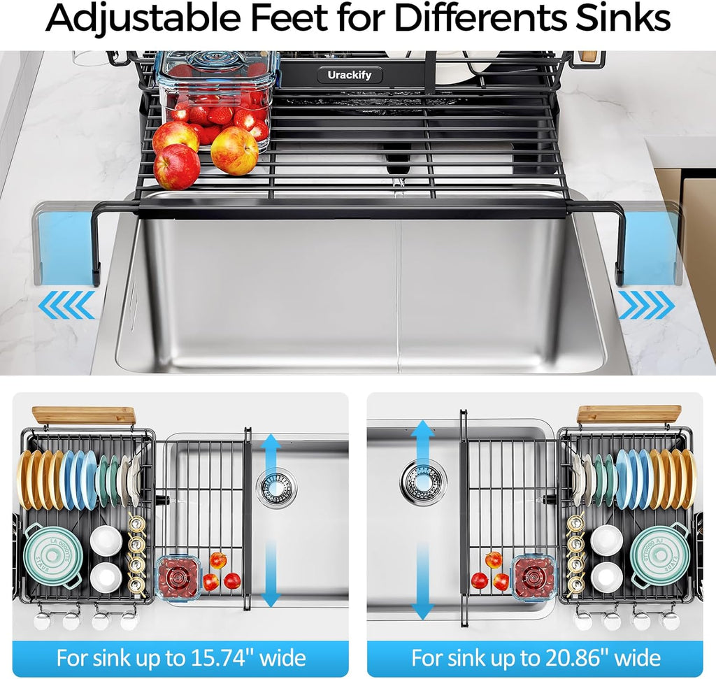 Extendable Dish Drying Rack, 2 in 1 Multifunction Dish Rack for Kitchen Counter, Expandable Dish Drainer Over Sink, Large Plate Strainer with Drainboard & Cups Holder