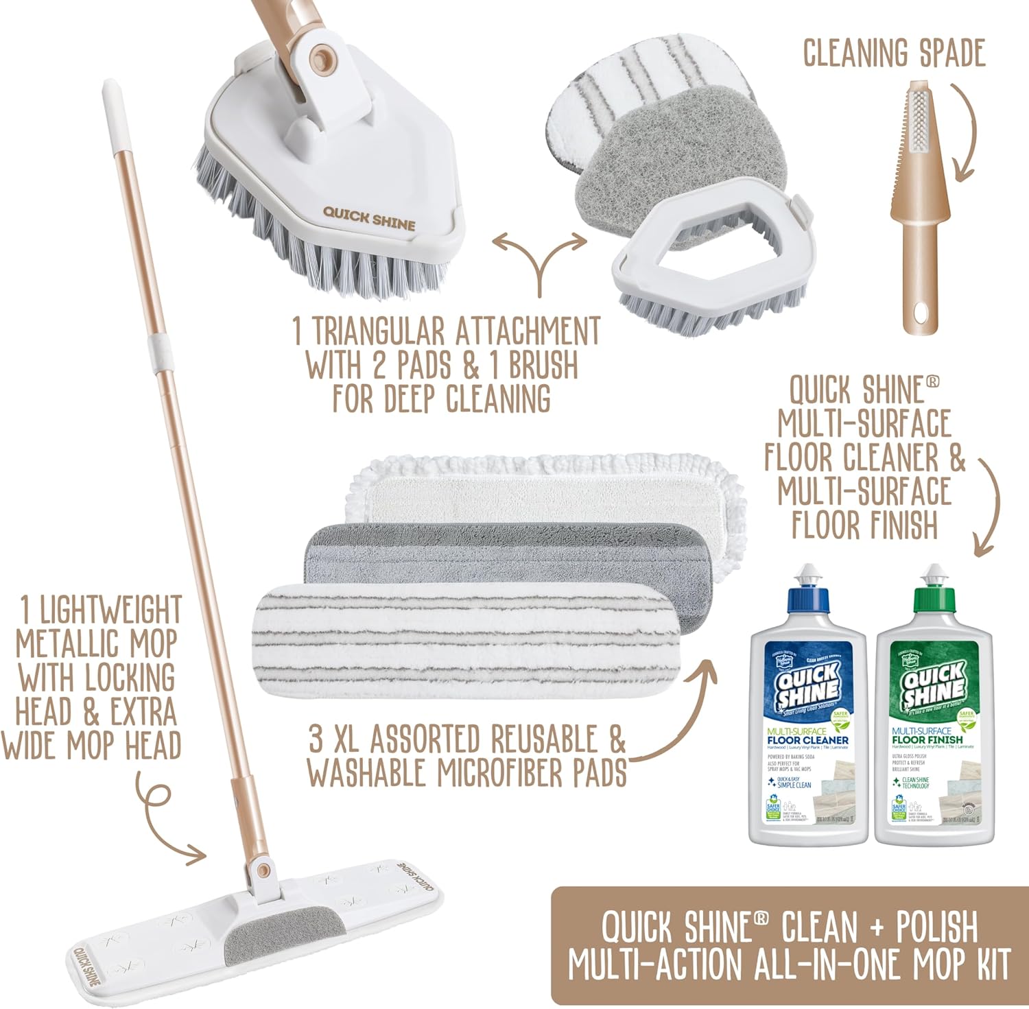 Quick Shine Ultimate Gold Clean + Polish Mop Kit | All-in-One 11 Pc Kit w/Interchangeable Attachments | Cleaner & Polish Included | No Batteries Needed | All Floors Pro Cleaning System | 2-in-1 Mop