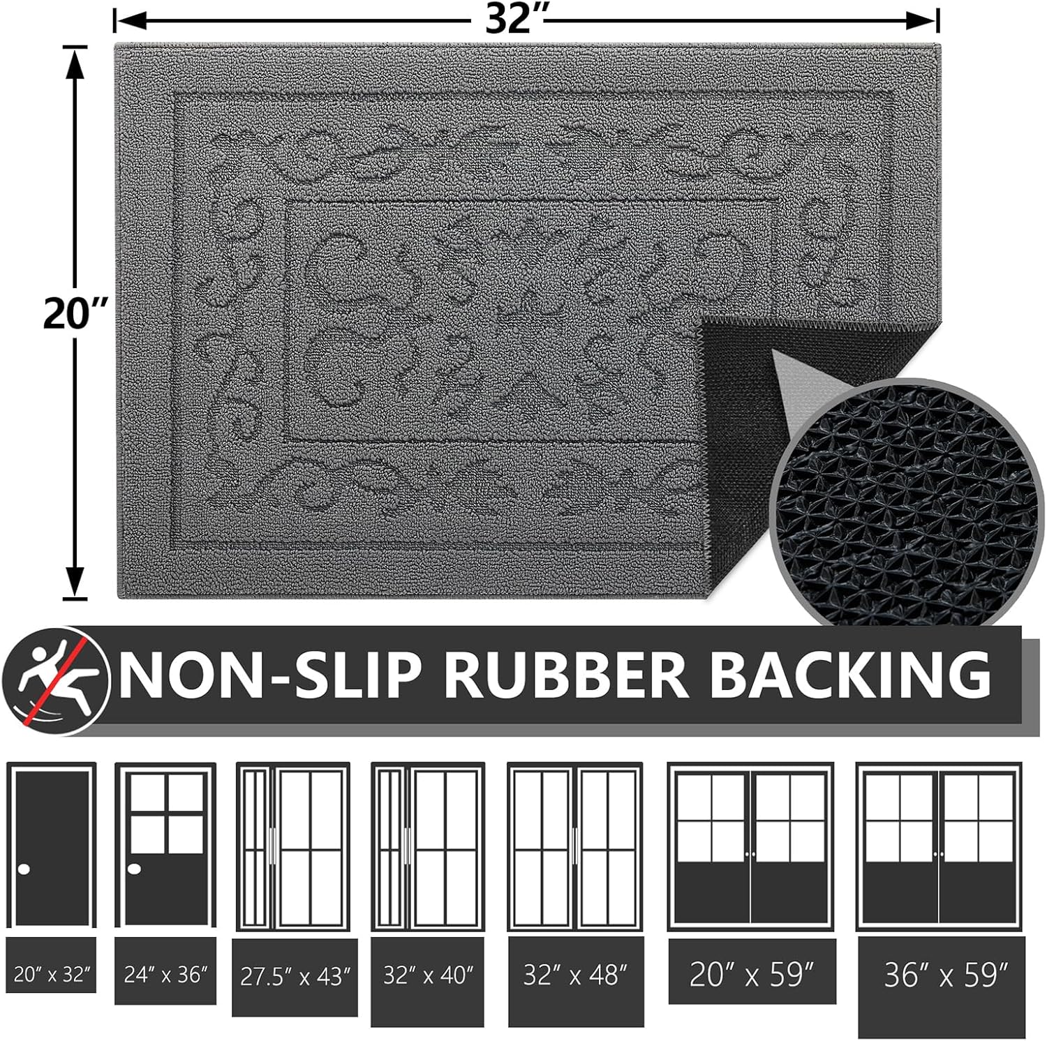 FONEYI Indoor Door Mat 20" x 32", Dirt Trapper Door Mats Non-Slip Entryway Rugs Washable, Absorbent Resist Dirt Welcome Mat, Low Profile Inside Floor Mats for Front Back Door and Entryway, Grey