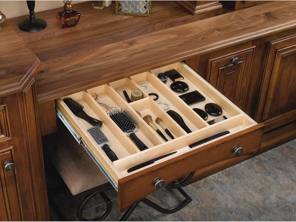 Rev-A-Shelf Trim-to-Fit Shallow Drawer Organizer for Kitchen Utensils, Cutlery Cabinet Storage Divider Insert, 23.98 x 21.97 in, Maple Wood, 4WUT-3SH