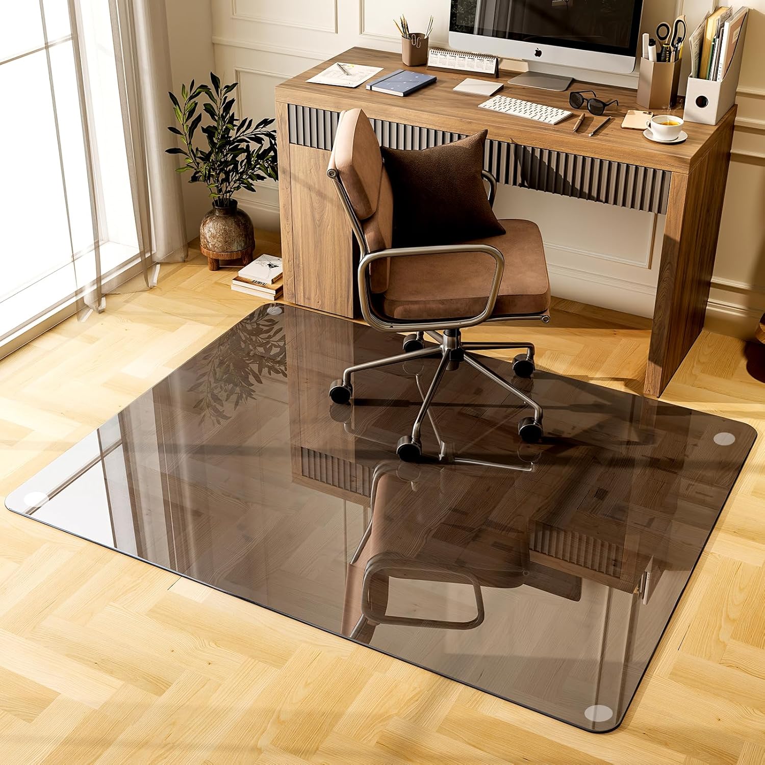 GLSLAND Office Chair Mat, 36" x 46" Grey Tempered Glass Floor Mat for Office Chair on Carpet, 1/6" Thick Computer Floor Mat with 4 Anti-Slip Pads