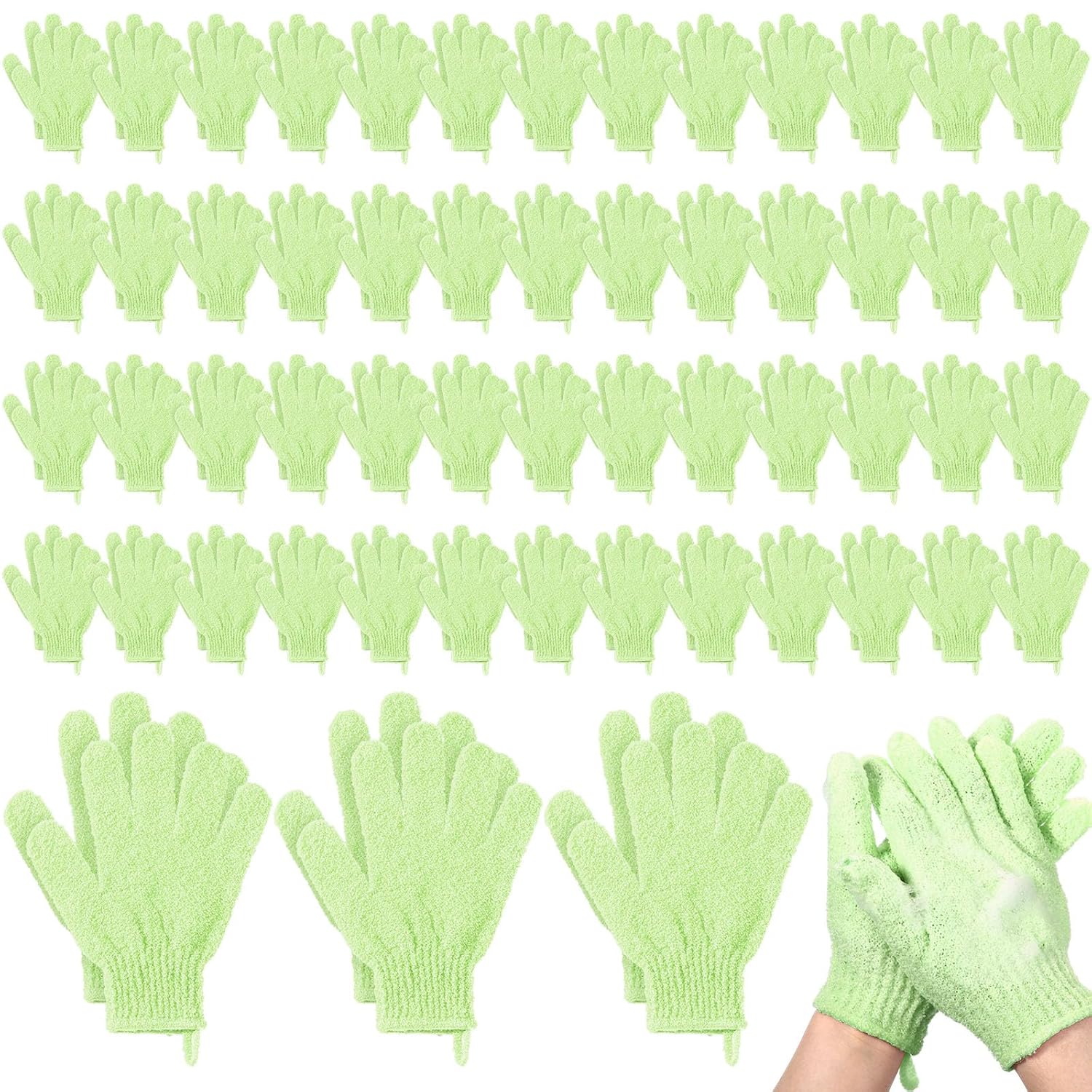 104 Pcs Exfoliating Glove Bulk Shower Gloves with Hanging Loop Exfoliating Body Scrubber Dead Skin Remover for Body Bath Beauty Spa Massage Scrubs Men Women Bathing (Green)