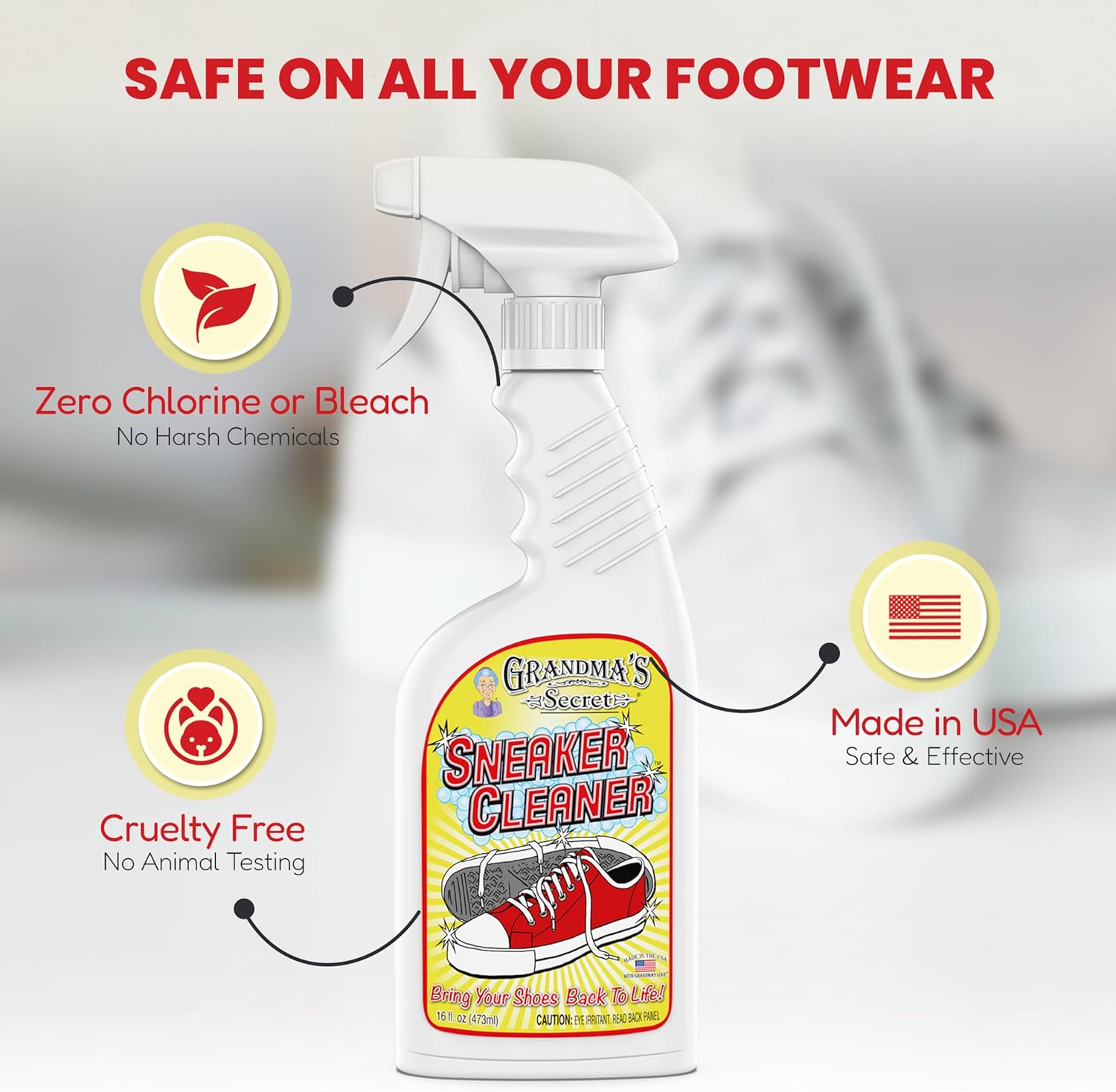Grandma's Secret Sneaker Cleaner - Shoe Cleaner for Rubber, Canvas and Leather - Stain Remover Spray Removes Dirt, Grime and Grass - Sneakers Cleaner for Outdoor Shoes, Slippers and Moccasins – 16 oz