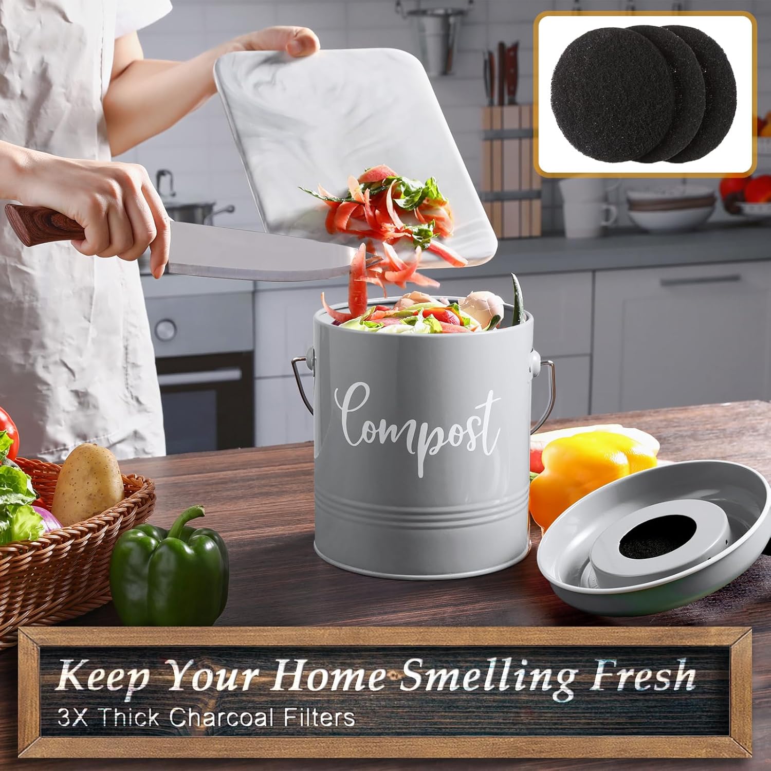 Gray Compost Bin Kitchen, 1.3 Gallon Farmhouse Kitchen Compost Bin Countertop with Lid and Charcoal Filters, Indoor Compost Bucket for Decor and Accessories