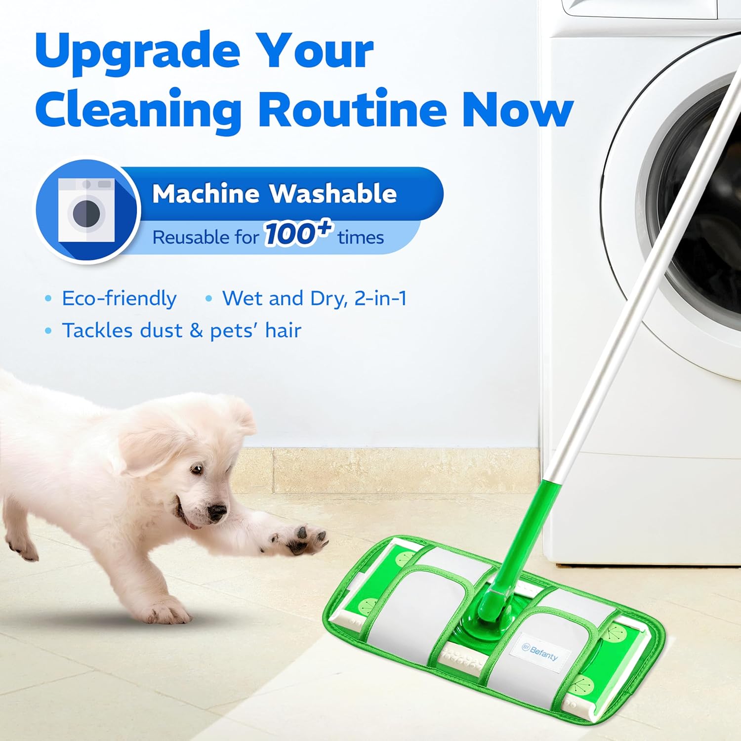 2 Pack Reusable Microfiber Mop Pads, Compatible with Swiffer Sweeper, Machine Washable Cloths, Refills for All Floor Cleaning, Hook and Loop, Wet Dry - 10"- 12"