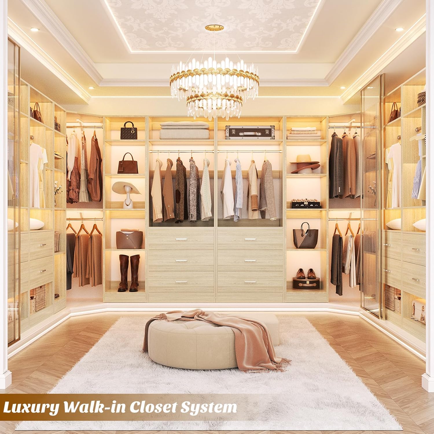 Corner Closet System with 3 Drawers, Corner Closet Organizer System with 13 Shelves & 3 Hanging Rods, 63.2"L * 39.2"W Reversible L Shaped Walk-in Closets, Load 2000+LBS, White Oak