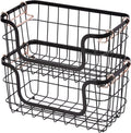Amazon Basics Stackable Metal Wire Rectangular Storage Basket Set For Kitchen or Bathroom, 2 Count, Black