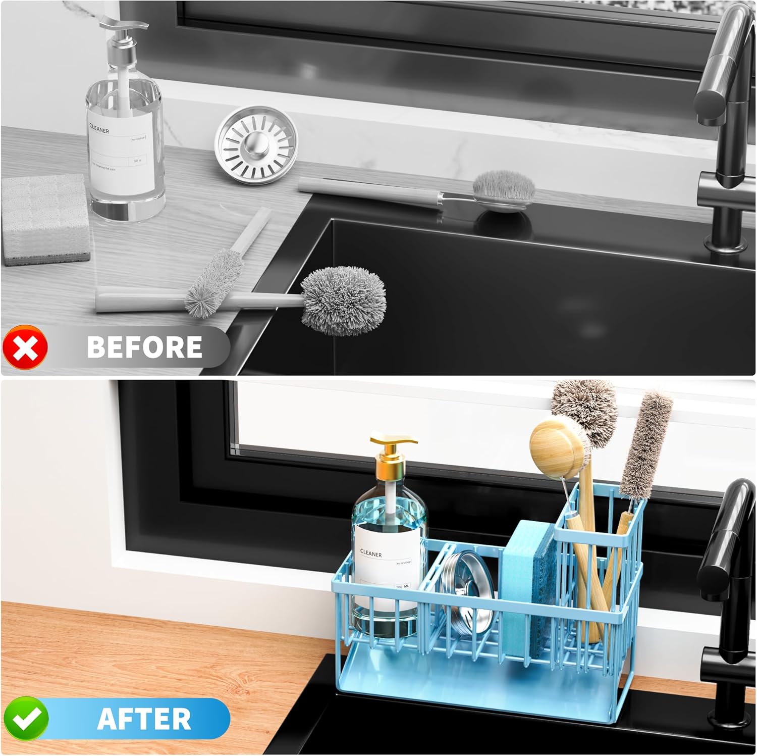 Cisily Blue Kitchen Sink Caddy Organzier with High Brush Holder, Sponge Holder for Sink, 304 Rustproof Stainless, Kitchen Countertop Soap Dispenser Organizer, Home Decor and Accessories