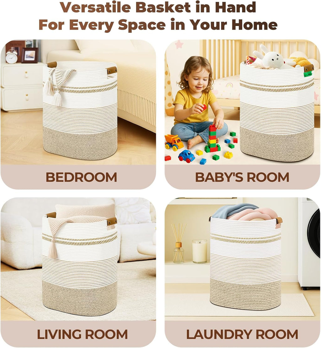 Laundry Basket with Handles - Blanket Basket & Hampers for Bedroom Aesthetic, Laundry Hamper & Blanket Storage for Living Room, Clothes Hamper, Tall, Large 17" x 14" x 22”, Light Brown & White