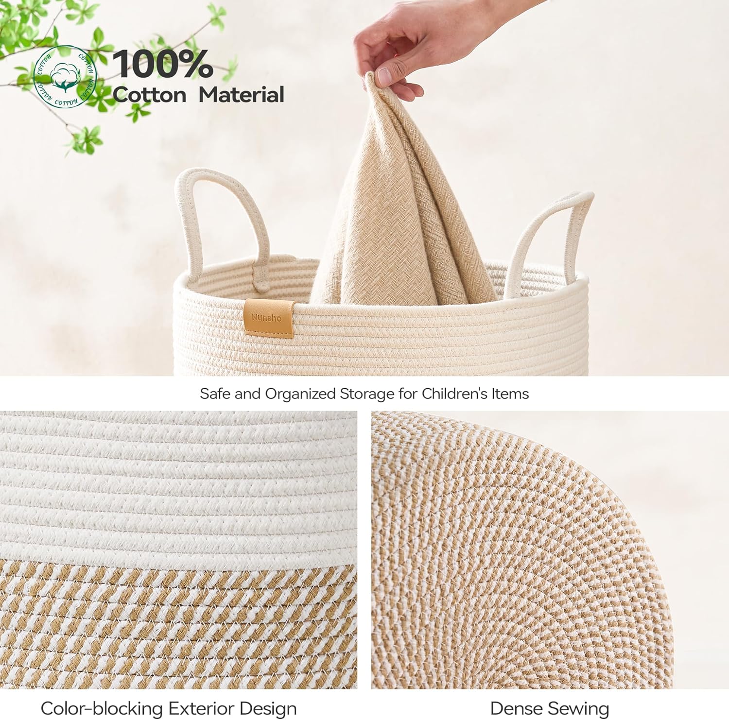 Laundry Hamper 75L,Large Laundry Basket for Clothes,Decorative Storage Basket for Blankets,Cotton Rope Woven basket for bedroom,Brown White