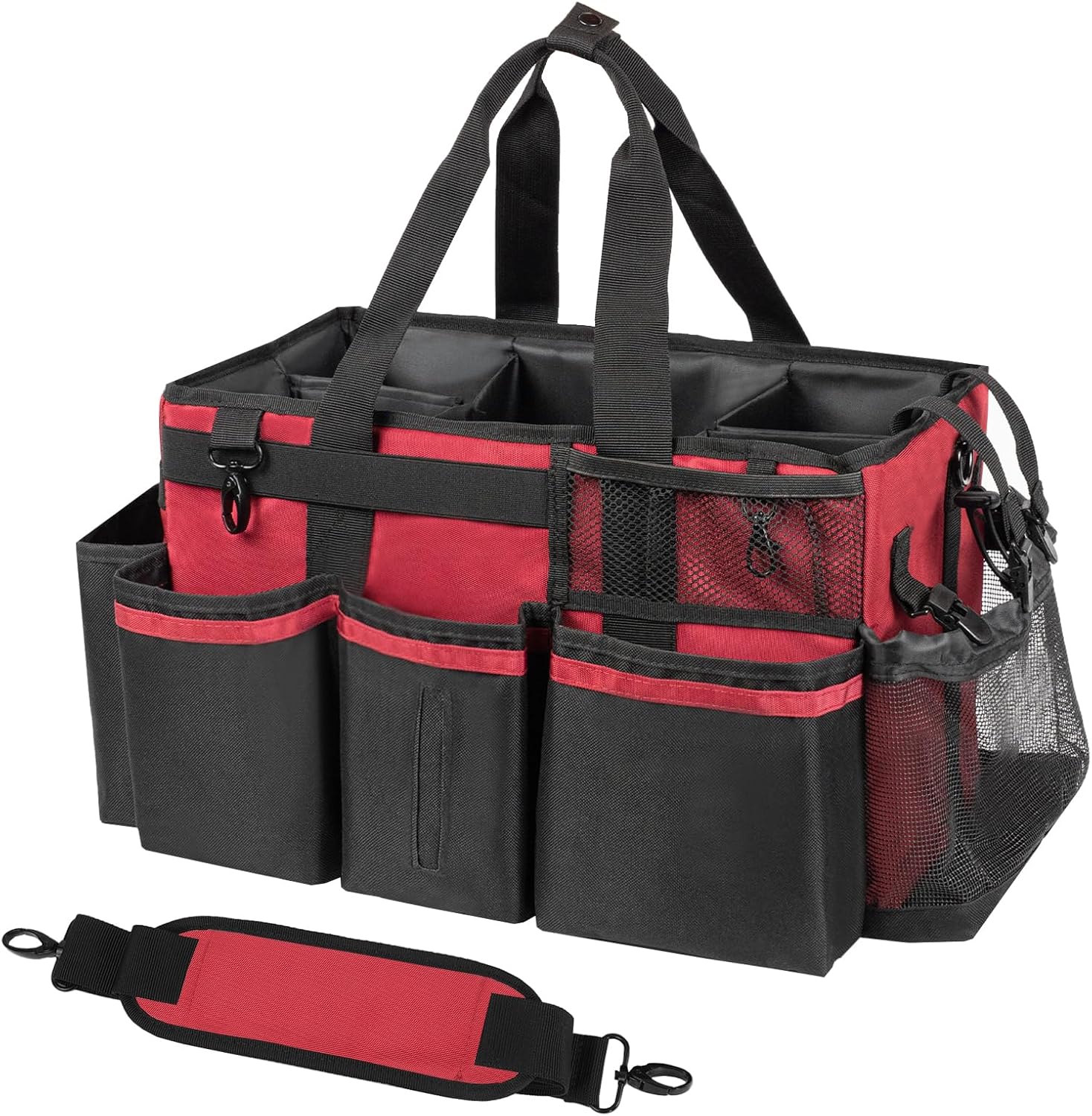 Wearable Cleaning Caddy, Cleaning Caddy Supplies Organizer with Handle & Shoulder Straps for Housekeepers, Under Sink & Car Cleaning Tool Organizers Bag with 4 Foldable Divider (Wine)