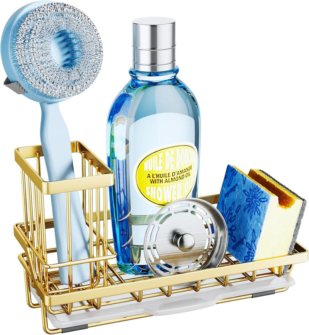 SWTYMIKI Sink Caddy Kitchen Sink Organizer with Detachable Brush Holder, Stainless Steel Sponge Holder with Removable Drip Tray Sponge Caddy for Kitchen Countertop, Gold