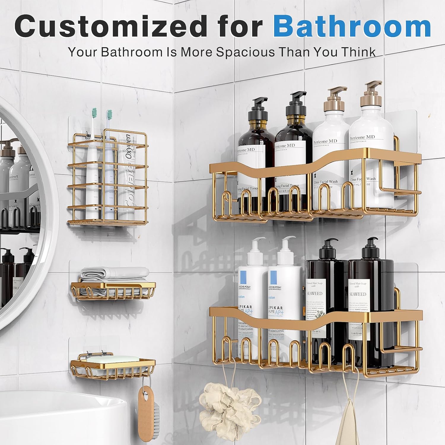 EUDELE 5-Pack Rustproof Stainless Steel Shower Caddy – No Drill Adhesive Bathroom Organizer with Large Capacity, Spacious Shower Shelves for Inside Shower, Kitchen & Home Decor Storage-XL Size