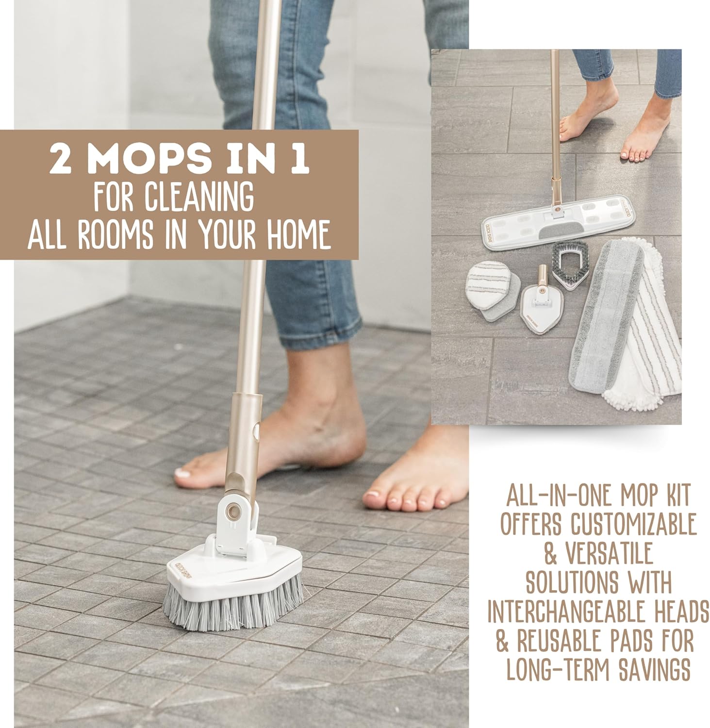 Quick Shine Ultimate Gold Clean + Polish Mop Kit | All-in-One 11 Pc Kit w/Interchangeable Attachments | Cleaner & Polish Included | No Batteries Needed | All Floors Pro Cleaning System | 2-in-1 Mop