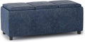 SIMPLIHOME Avalon 42 inch Wide Contemporary Rectangle Storage Ottoman in Denim Blue Vegan Faux Leather, Assembled, for the Living Room, Entryway and Family Room