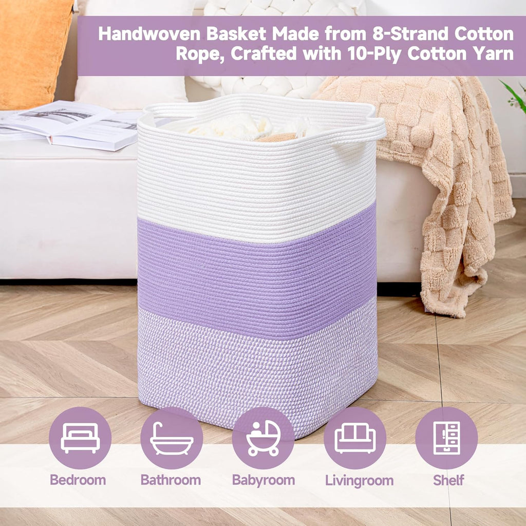 CLHMILY&Z 75L Laundry Basket Rectangular Lavender Rope - 16x13x22 Inches - Dirty Clothes and Soft Storage Bin for Blankets, Toys, and Nursery Essentials