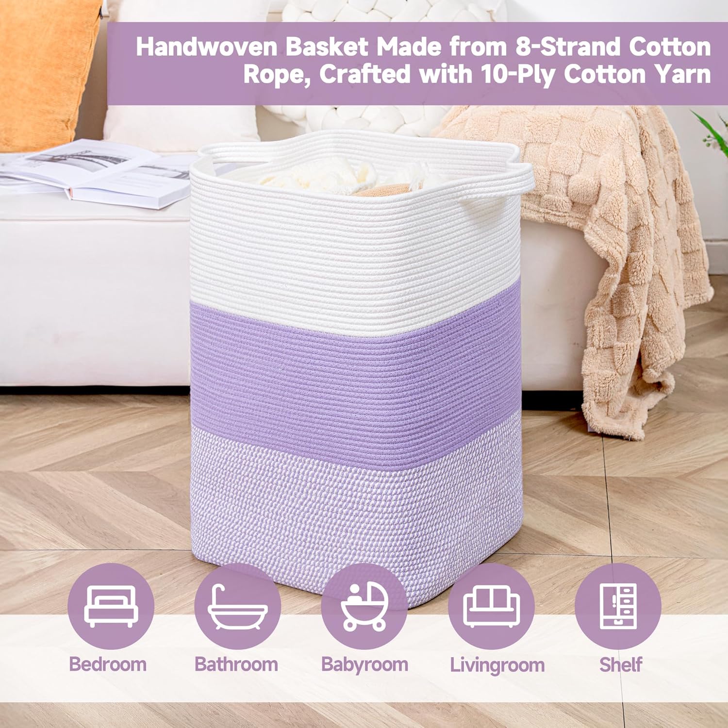CLHMILY&Z 75L Laundry Basket Rectangular Lavender Rope - 16x13x22 Inches - Dirty Clothes and Soft Storage Bin for Blankets, Toys, and Nursery Essentials