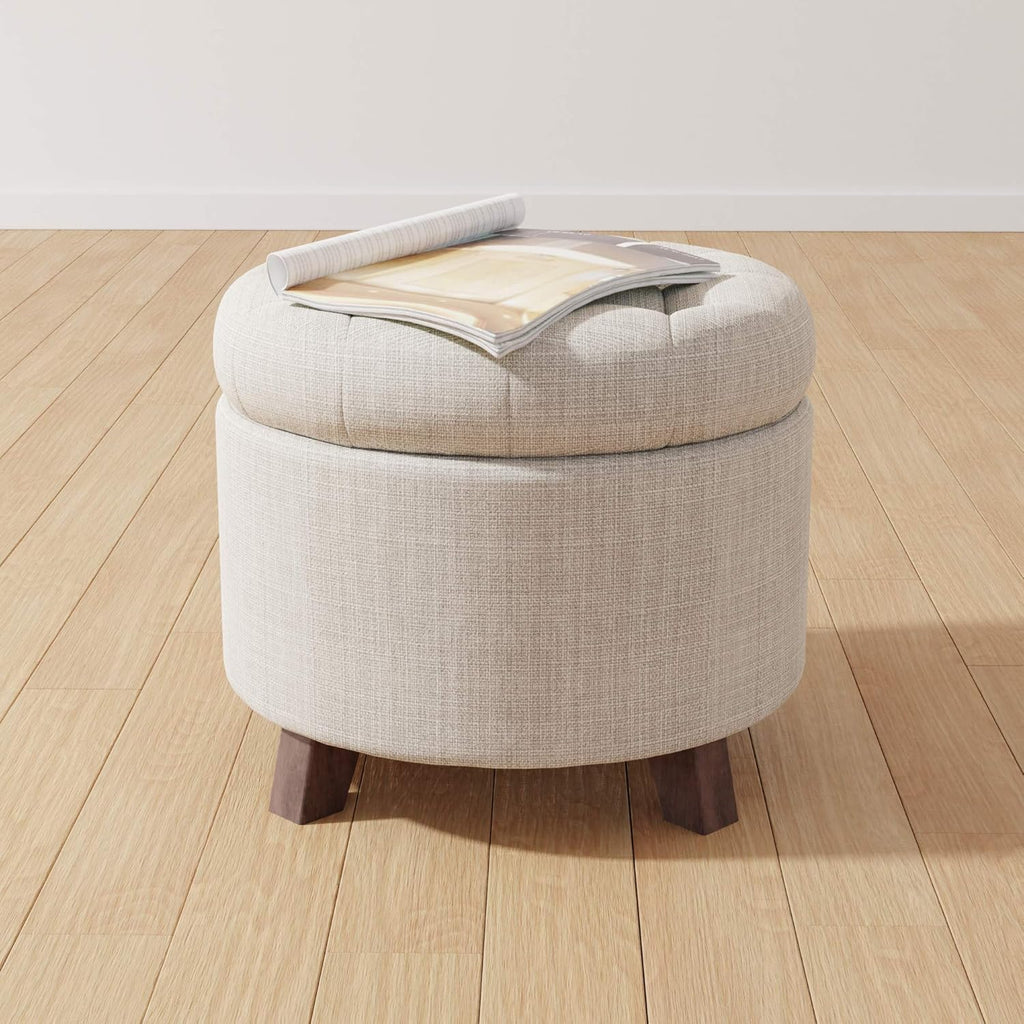 Amazon Basics Round Linen Ottoman with Storage, Tufted Upholstered Footstool for Living Room and Bedroom, 20" x 17", Linen Burlap Beige