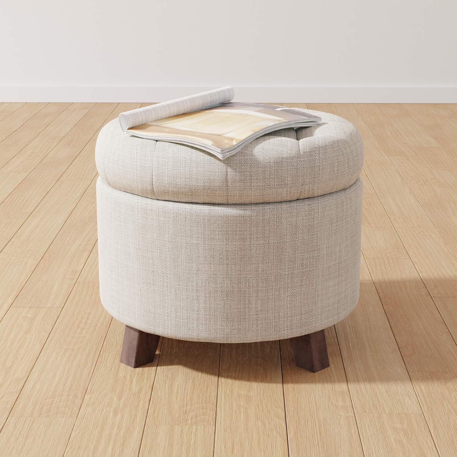 Amazon Basics Round Linen Ottoman with Storage, Tufted Upholstered Footstool for Living Room and Bedroom, 20" x 17", Linen Burlap Beige