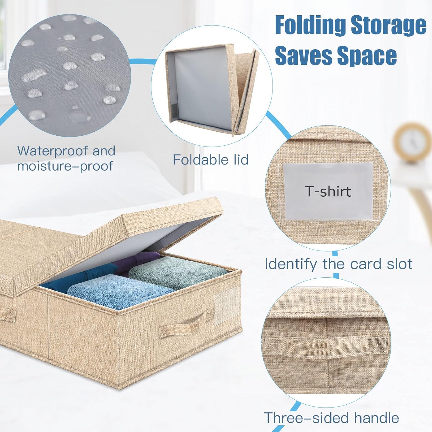 Underbed Storage Containers Bin with Lids (Set of 2) Large Under Bed Storage Organizer Box with Handle, Foldable Under the Storage Bags for Organizing Clothes, Shoes, Blankets, Pillows-Khaki