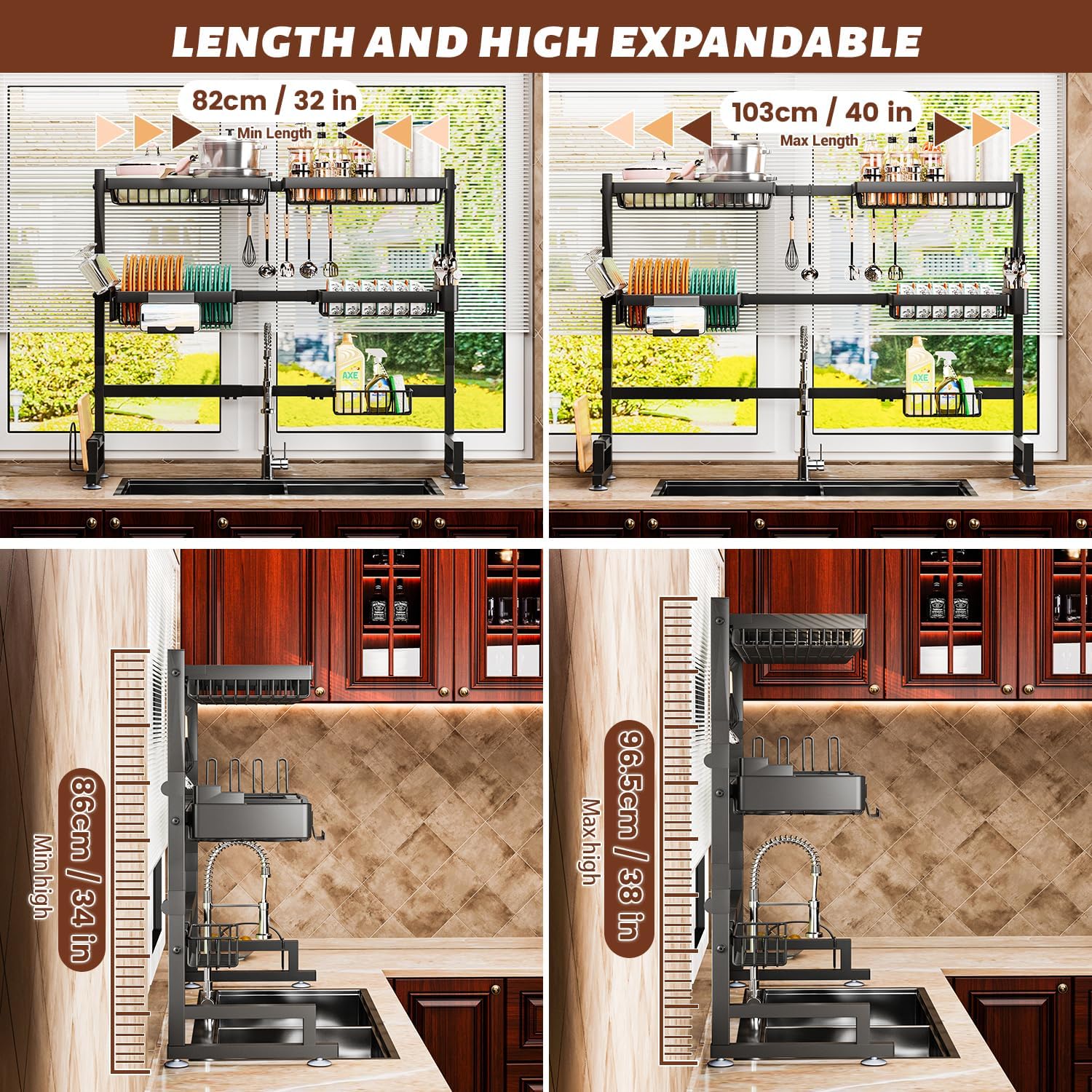 3-Tier Over Sink Dish Draining Rack, Adjustable Width and Height, with Phone Holder, Cup Holder, Knife and Chopstick Holder, Cutting Board Rack, Space-Saving Rack