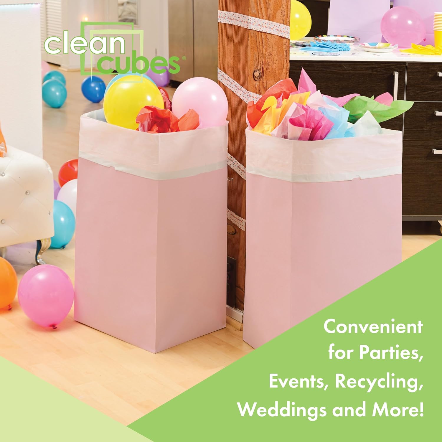 30 Gallon Disposable Pop-Up Trash Cans (3-Pack) with Fitted Bags – Foldable Garbage & Recycling Bins for Parties, Events & Kitchen (Pink, 30" H x 14" W x 17" D)