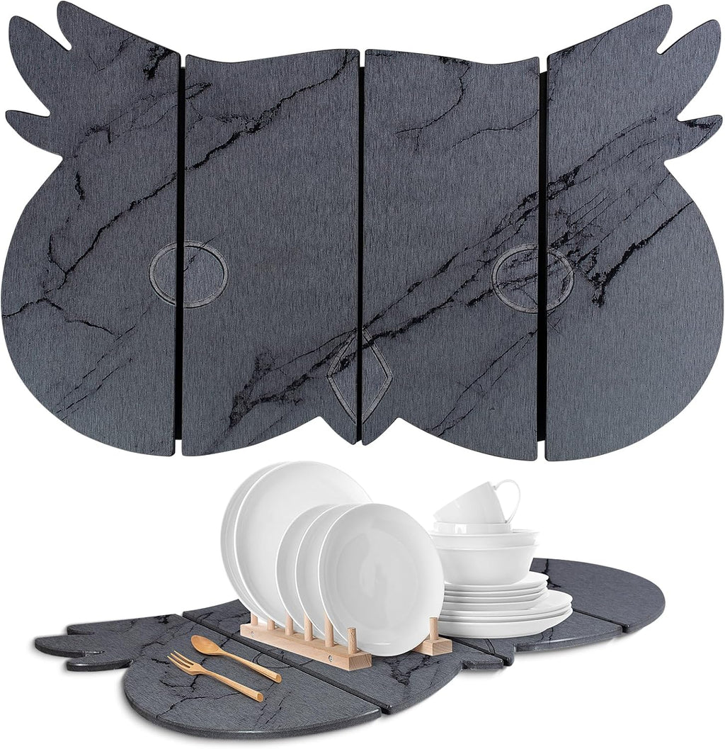 Large Stone Dish Drying Mat for Kitchen Counter,24"(L)×16"(W) Quick Dry Absorbent Diatomaceous Earth Dish Drying Mats,Owl Shape Design Drying Pads for Cups Dishes Bottles (DarkGray)