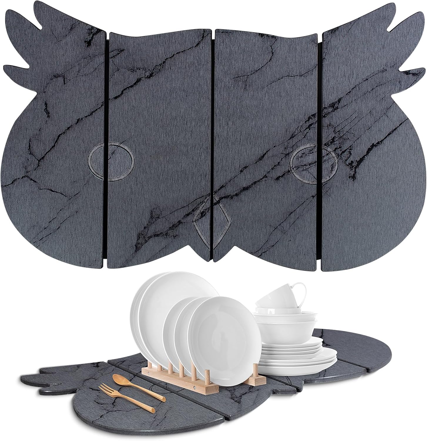 Large Stone Dish Drying Mat for Kitchen Counter,24"(L)×16"(W) Quick Dry Absorbent Diatomaceous Earth Dish Drying Mats,Owl Shape Design Drying Pads for Cups Dishes Bottles (DarkGray)