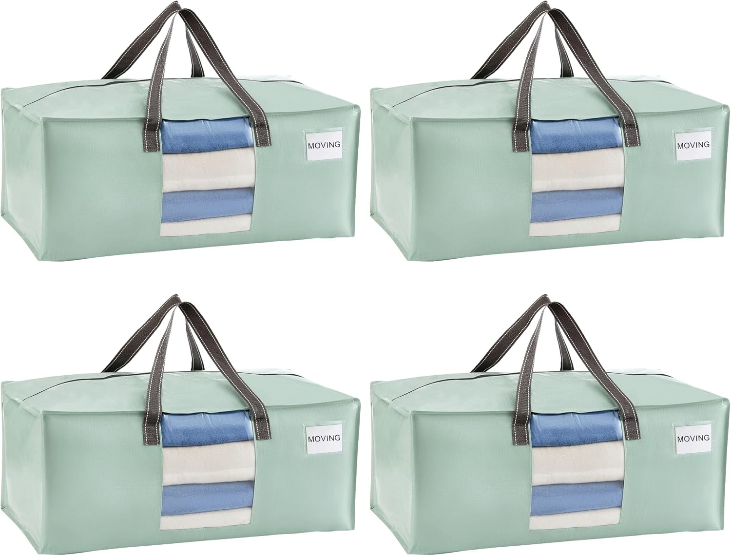 VENO 4 Pack Moving Bags for College, Heavy-Duty Storage Totes, Moving Boxes and Wardrobe Packing Supplies Alternative - Extra Large Durable Laundry Bags for Clothes (Shiny Light Green, 4 Pack)