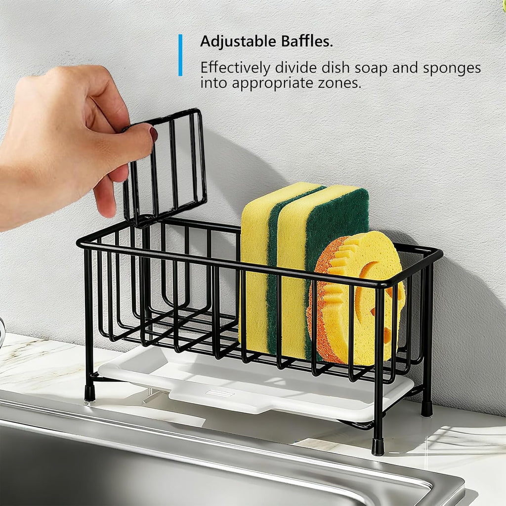 Kavciva Sink Caddy Sponge Holder,304 Stainless Steel Dish Brush Holder,Kitchen Countertop Sink Rack,Dish Soap Holder,Dishwashing Tool Drying Tray with Adjustable Partitions,Essential Kitchen Shelves
