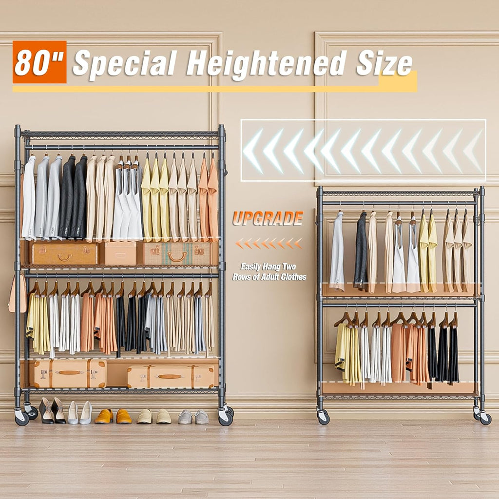 Homdox Heavy Duty Rolling Clothing Rack, Adjustable Garment Rack with 3 Tier Storage Shelves, Freestanding Closet Wardrobe for Hanging Clothes with Side Hooks, Gray