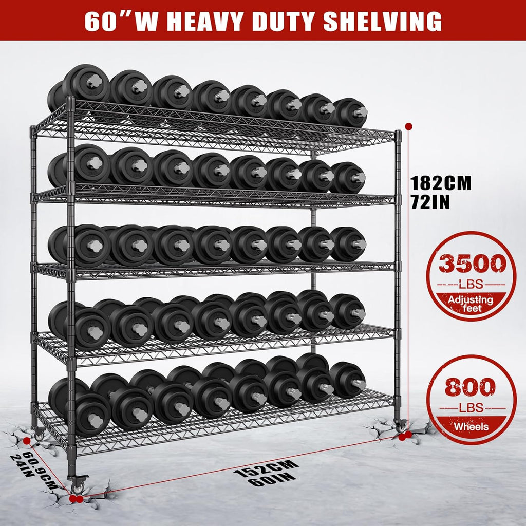 AIRAJ 60” W Storage Shelves Heavy Duty | 5 Tier Wire Shelving | 3500 LBS Metal Shelving | Garage Shelving Units and Storage | Rolling Wire Rack with Wheels | Adjustable Layer Height | 60”W×24”D×72” H