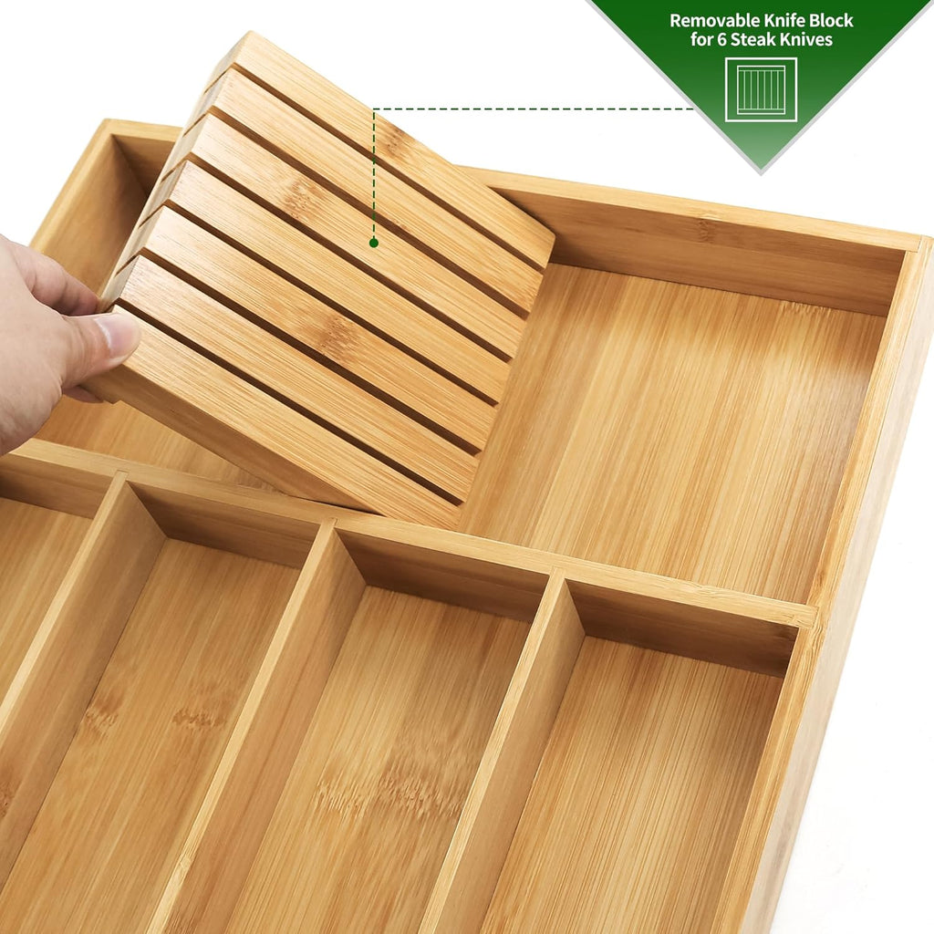 VaeFae Bamboo Silverware Organizer (Non-expandable), Utensil Holder for Drawer, Wooden Cutlery Tray with Divider for Kitchen Drawer, Utensil Organizer with Knife Block