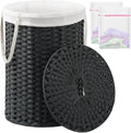 Laundry Basket with Lid Round Rattan Laundry Hamper with Lid and Handles 29.1 Gal (110 L) Handwoven Woven Basket with Removable Bags and 2 Mesh Bags for Bathroom Living Room Black
